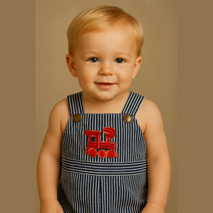 Vintage children's Sears blue and white stripe overalls chest pocket red train